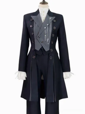 Gray and black steampunk Ouji Lolita overcoat styled on dress form with white ruffled shirt and silver chain accessories formal coordinate