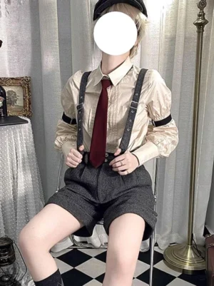 Steampunk ouji lolita gray waistcoat overcoat and suspender shorts outfit set front three-quarter view vintage curtain backdrop