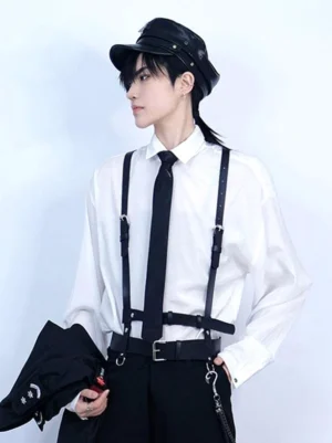 Steampunk Ouji Lolita harness belt set worn on male model in formal uniform with silver metal hardware and black PU leather straps profile view