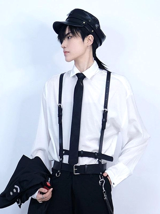 Steampunk Ouji Lolita harness belt set worn on male model in formal uniform with silver metal hardware and black PU leather straps profile view