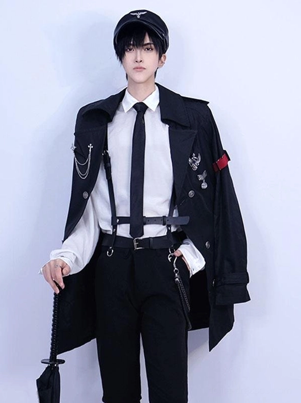 Ouji Lolita harness belt with military coat front full portrait showing black leather straps and metal brooch accents commanding presence