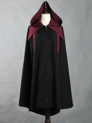 Steampunk Ouji Lolita black and wine red poncho cape front view hooded outerwear on mannequin