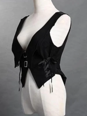 Side three-quarter view of Gothic steampunk Lolita vest revealing deep V-neckline and adjustable side lace-up corsetry details