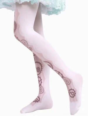 Pale pink Lolita socks with dark brown vintage gear prints side cross-legged styling view with blue lace skirt coordinate