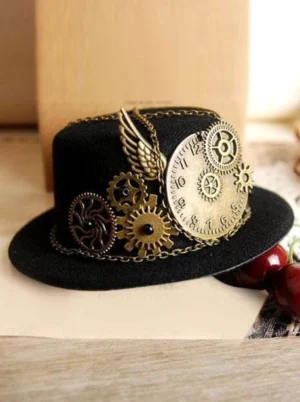 Black steampunk vintage lolita mini hat with brass gear clock dial trims and metal chain decorations, gothic wing accents, corduroy fabric, displayed on wooden table with vintage props