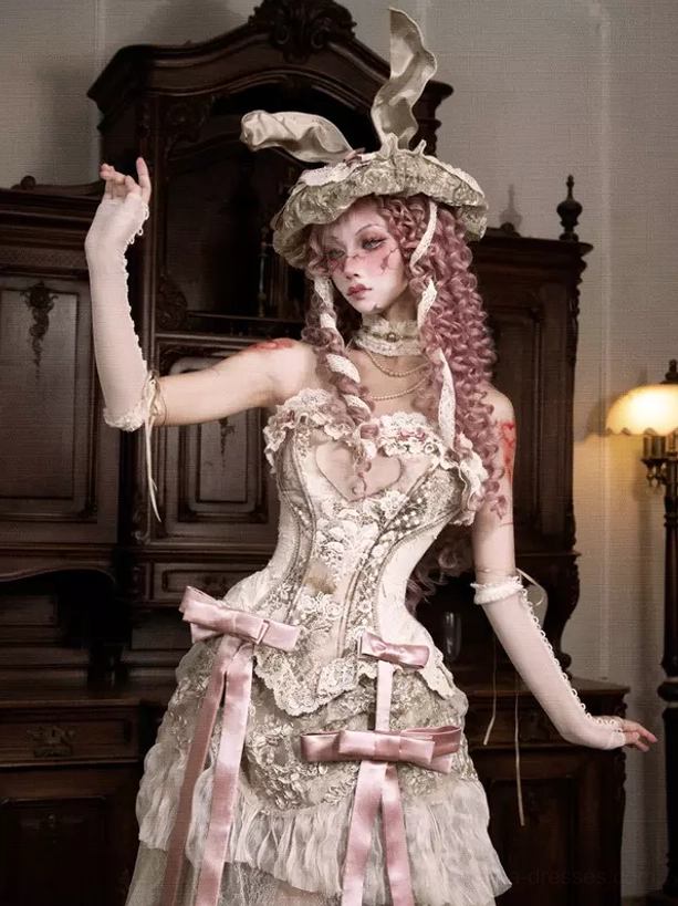 Strapless cream lace corset bustier with double front pink satin bows heart neckline low-angle full shot model