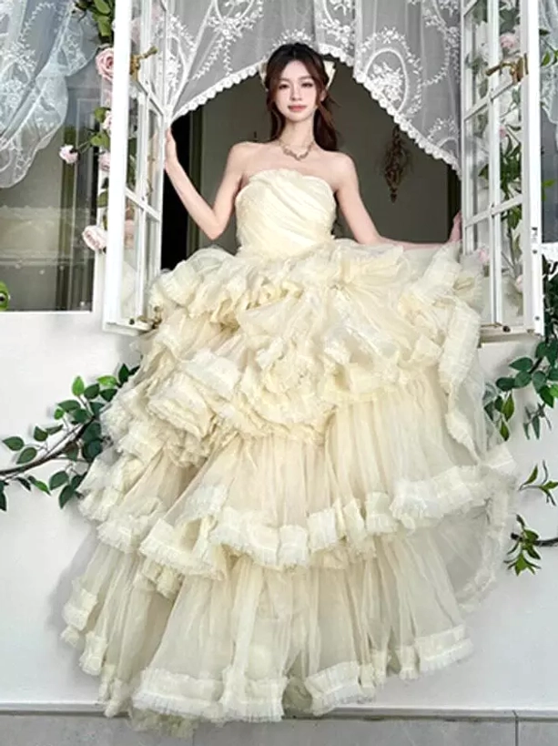 Strapless fairy ball gown white tiered layered tulle ruched bodice sweet lolita dress front view french lace window background elegant