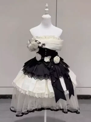strapless black and white gothic lolita dress tiered ruffle 3d white rose embellishments full body front view