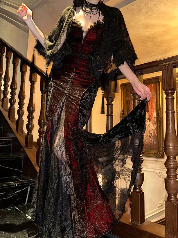 Gothic Lolita mermaid dress side view sheer black lace panels wine red base dress train three-quarter perspective indoor staircase