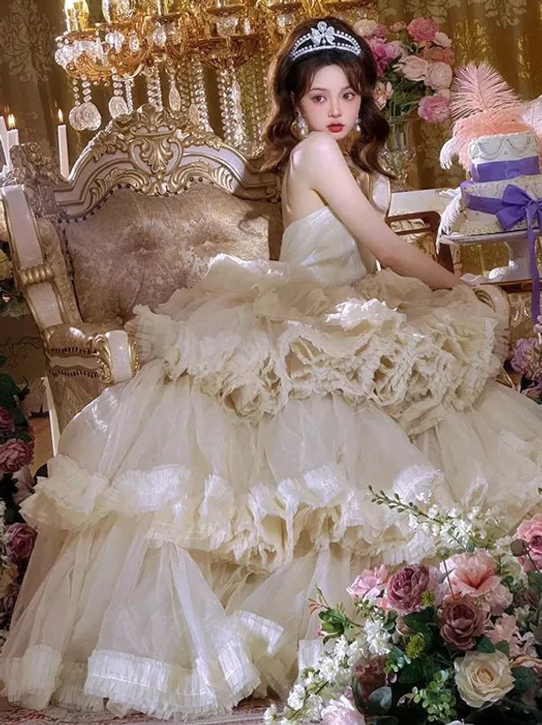 Strapless tiered tulle fairy gown white cream multi-layer ruffled skirt back view sweet lolita rococo ball gown shiny tulle