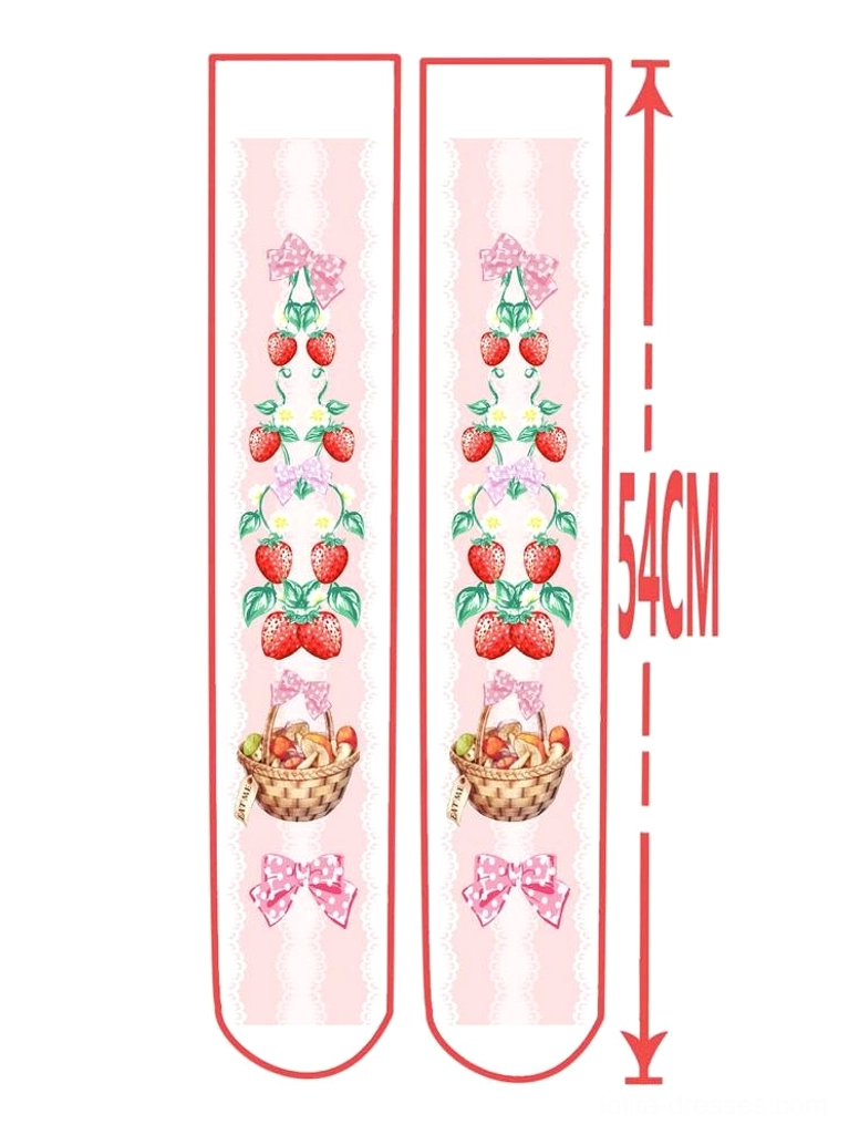 Flat product design illustration of 54cm strawberry basket bow printed Lolita knee high socks showing uniform print pattern and full length specifications
