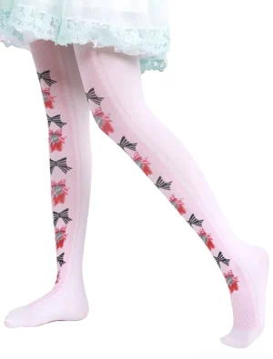 Sweet lolita printed socks side dynamic walking view with strawberry and bow motifs model legs in motion mint green lace skirt