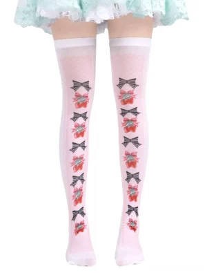 Strawberry sweet lolita knee-high socks pale pink with bow prints front full view on model wearing mint green lace skirt both legs displayed