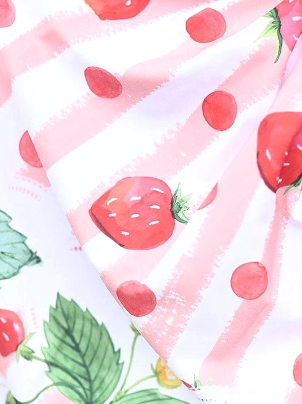 strawberry lolita fabric close up pink white stripe base red fruit prints green leaf details