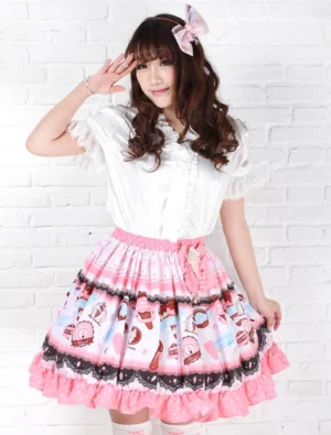 Sweet strawberry ice cream Lolita SK skirt pink dessert print flared skirt front view full body with white ruffled blouse and pink hair bow