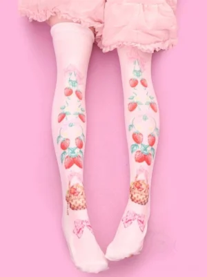 Strawberry basket bow pink velvet Lolita knee high socks overhead rear view worn with pink ruffle skirt showing delicate prints and soft texture