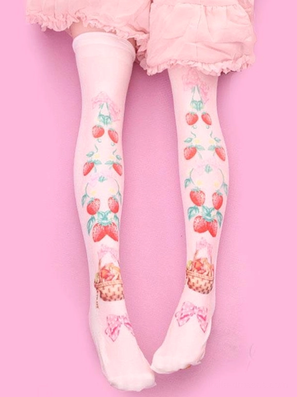 Strawberry basket bow pink velvet Lolita knee high socks overhead rear view worn with pink ruffle skirt showing delicate prints and soft texture