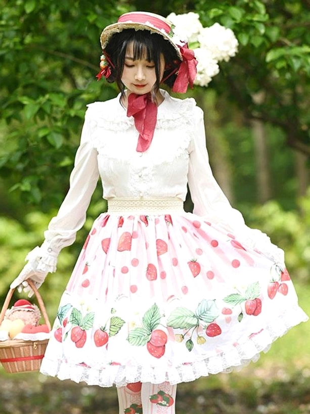 strawberry lolita overskirt three quarter side view lifted skirt white lace hem wicker basket garden