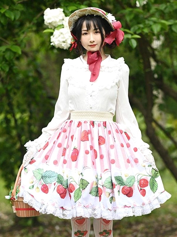 strawberry lolita overskirt front medium shot flared skirt white ruffled lace trim holds wicker basket