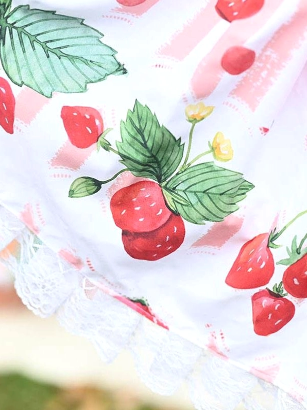lolita skirt hem detail low angle red strawberry green leaf white ruffled lace trim
