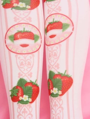 Close-up detail of strawberry Lolita knee-high socks on wearer's lower legs showing large strawberry motifs and pink striped damask background pattern