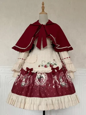 Strawberry sweet lolita dress cape apron set wine red cream front full-body view dress form