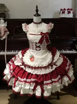 Sweet lolita dress strawberry polka dot red white sleeveless front view mannequin full dress showcase