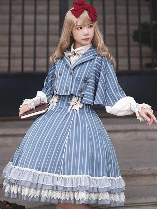 Sky blue striped lolita set with cropped double-breasted coat, showing structured silhouette and decorative bow accents