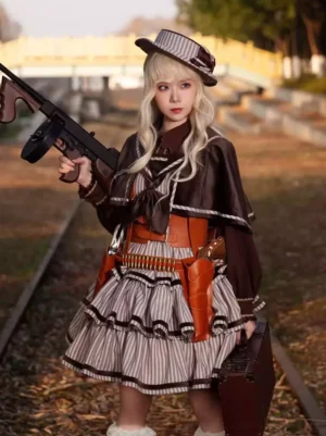 Sleeveless Classic Lolita JSK dress with vertical stripes and layered ruffles, three-quarter front angle shot showing dress structure and proportions