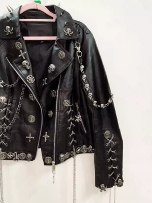 close-up-view-punk-studded-faux-leather-biker-jacket-metal-ornaments-zipper-front-chain-trim-sleeves