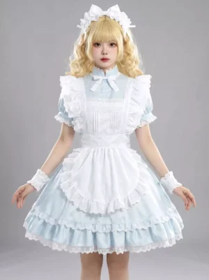 Sweet Alice maid lolita dress light blue front full body view with lace ruffles white apron puff sleeves bow collar on blonde model studio photography