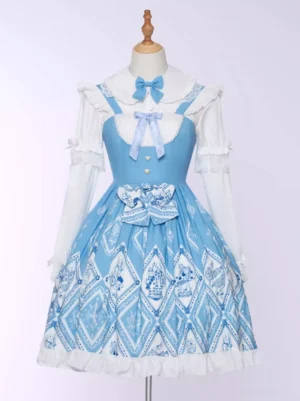 Sweet Alice Wonderland lolita JSK dress front view on mannequin showcasing blue-white floral print with ruffled hem and bow neckline detail