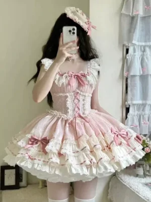 Sweet ballet lolita dress with square neckline corset bodice and layered ruffled skirt detail close-up