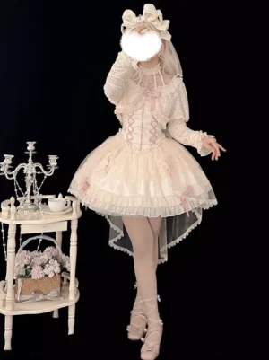 Sweet lolita ballet dress full front view with high-low hemline sheer tulle back train and coordinating bow headpiece vintage tea party styling