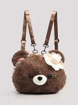 Sweet teddy bear lolita backpack front view showcase fluffy brown plush with cream ruffled ornament detail studio photography