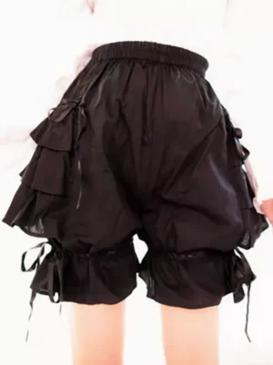 sweet black lolita bloomer shorts with layered ruffles and side ribbon ties product display top view