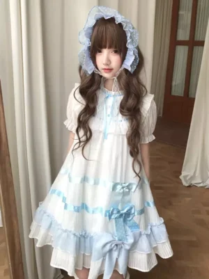 Sweet blue and white striped lolita babydoll OP dress front view with puff short sleeves and frilled bonnet neckline detail