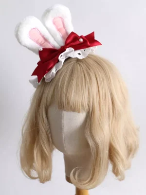 sweet-bunny-ear-lolita-headdress-front-center-view-pink-inner-fluffy-rabbit-ears-red-bow-hollow-lace-edging