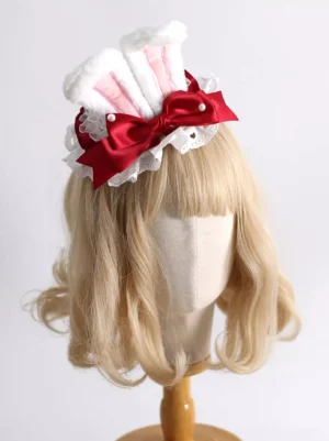 sweet-bunny-ear-lolita-headdress-front-three-quarter-view-plush-white-rabbit-ears-red-satin-bow-pearl-accents