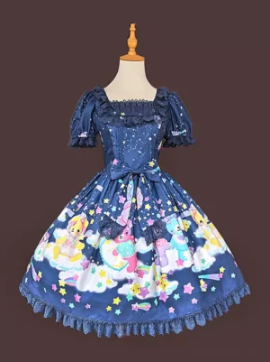 Sweet cartoon print lolita dress front view navy blue square neck puff sleeve lace hem kawaii party costume