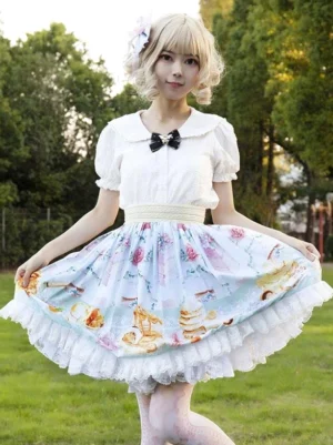 Sweet floral lolita skirt with tiered ruffles and lace trim full front view outdoor setting blonde model pastoral floral print