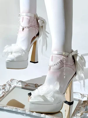 Sweet Gothic Lolita Platform Chunky Heel Shoes with Pearl Cross Chain and Feather Bow - Pink White Gradient Upper with White Flowers - Side Top View