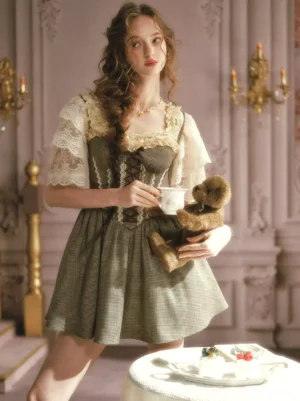 sweet lolita a-line mini dress square neckline lace trim corset bodice three-quarter side view tea party aesthetic