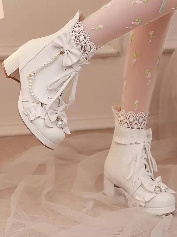 Sweet lolita ankle boots collection black pink white color variants pearl chain bow embellishments romantic aesthetic display