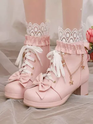 Sweet lolita ankle boots pink pu leather front view double feet bow star chain embellishment round toe chunky heel with lace trimmed socks