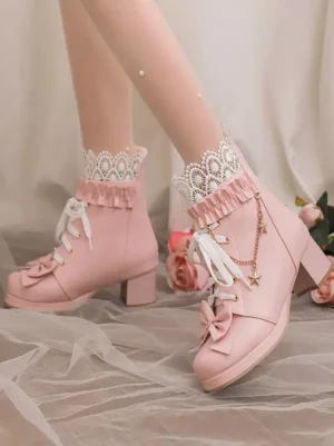 Sweet lolita ankle boots pink side view double feet lace ruffle bow accents block heel lace-up design with sheer floral socks