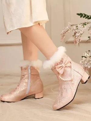 sweet-lolita-ankle-boots-soft-pink-pearl-bow-fuzzy-fur-collar-dual-side-wearing-view-with-white-midi-dress