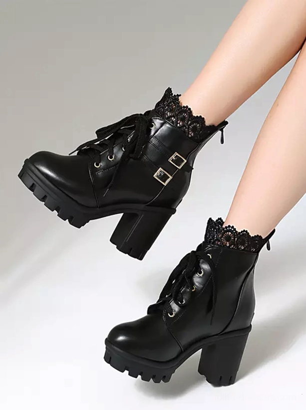 Sweet Lolita ankle boots detailed styling guide showing color options and lace sock pairing recommendations for coordinates