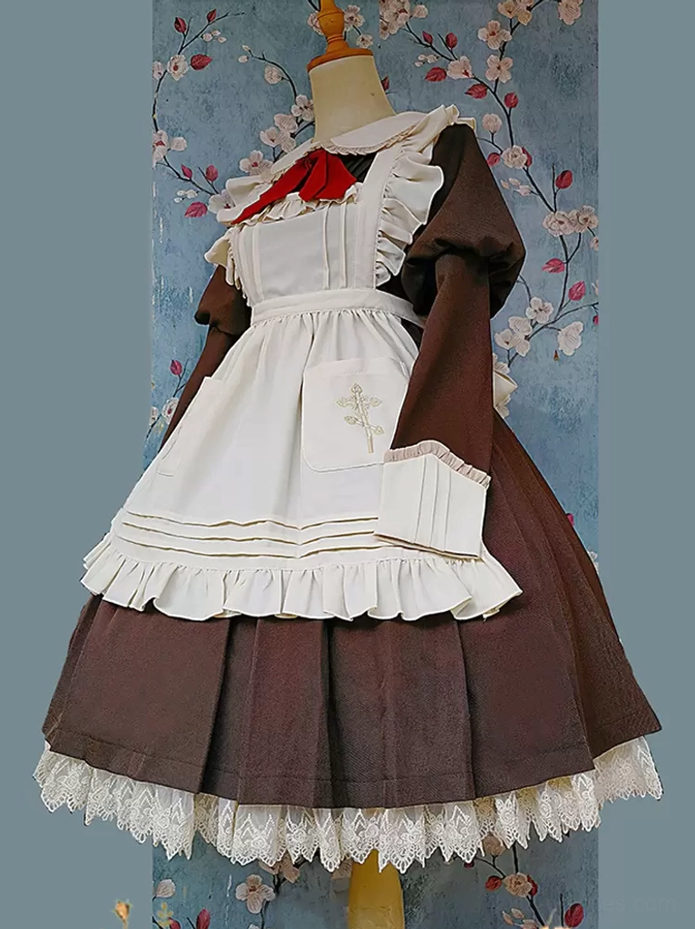 Sweet lolita apron front static display dress form brown base color with embroidered pattern and lace trim details floral background