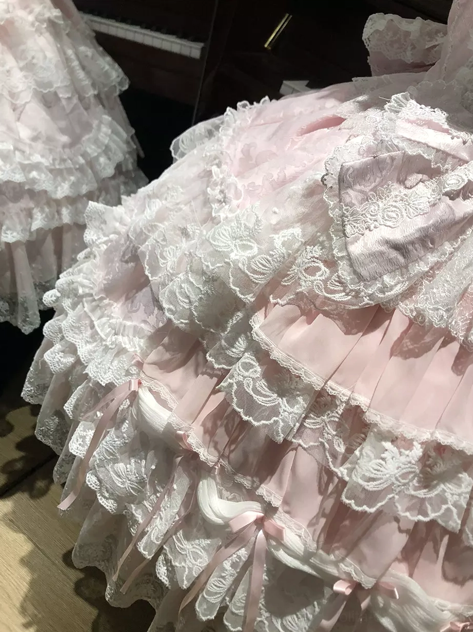 Sweet lolita ball gown available in multiple colorways including white pink and light sky blue with tiered lace